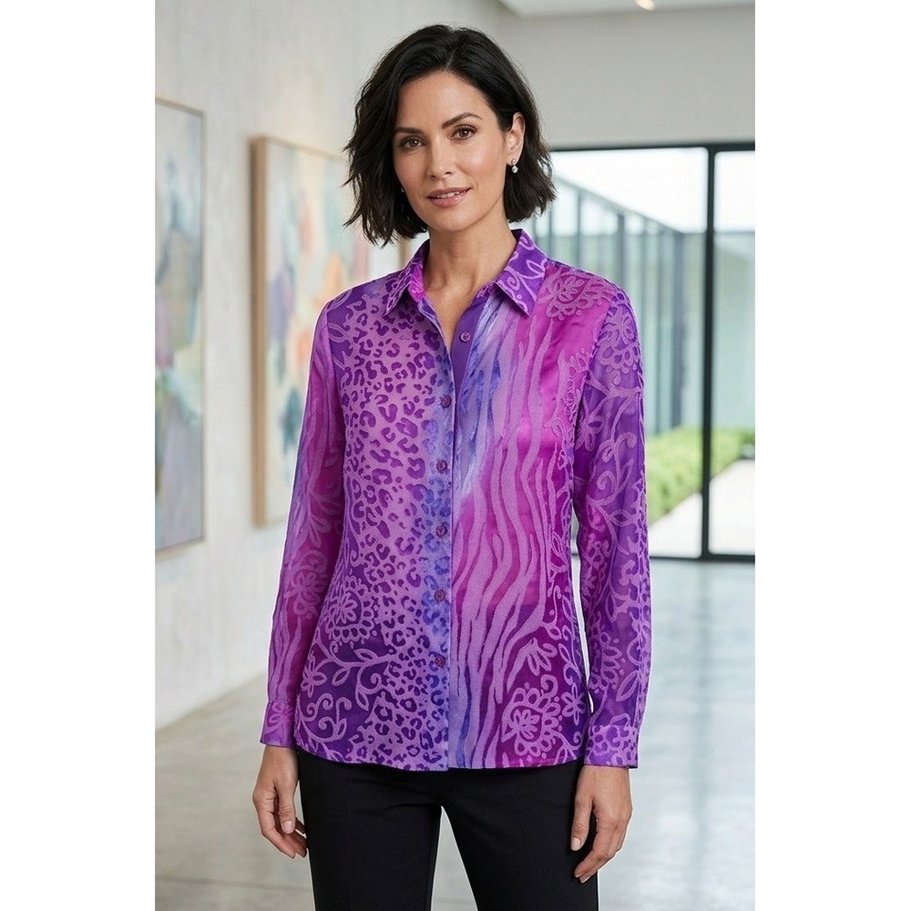 Drapers & Damons Burnout Sheer Button Front Blouse Size L/XL Purple Vacation